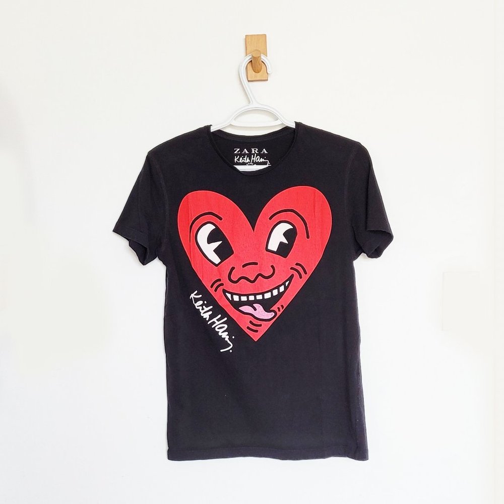 2/$30 - Zara x Keith Haring Graffiti Heart Face Print Black T-shirt - Size Small